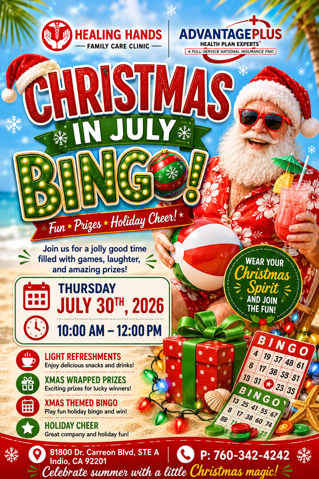 Christmas in July Bingo event flyer in English