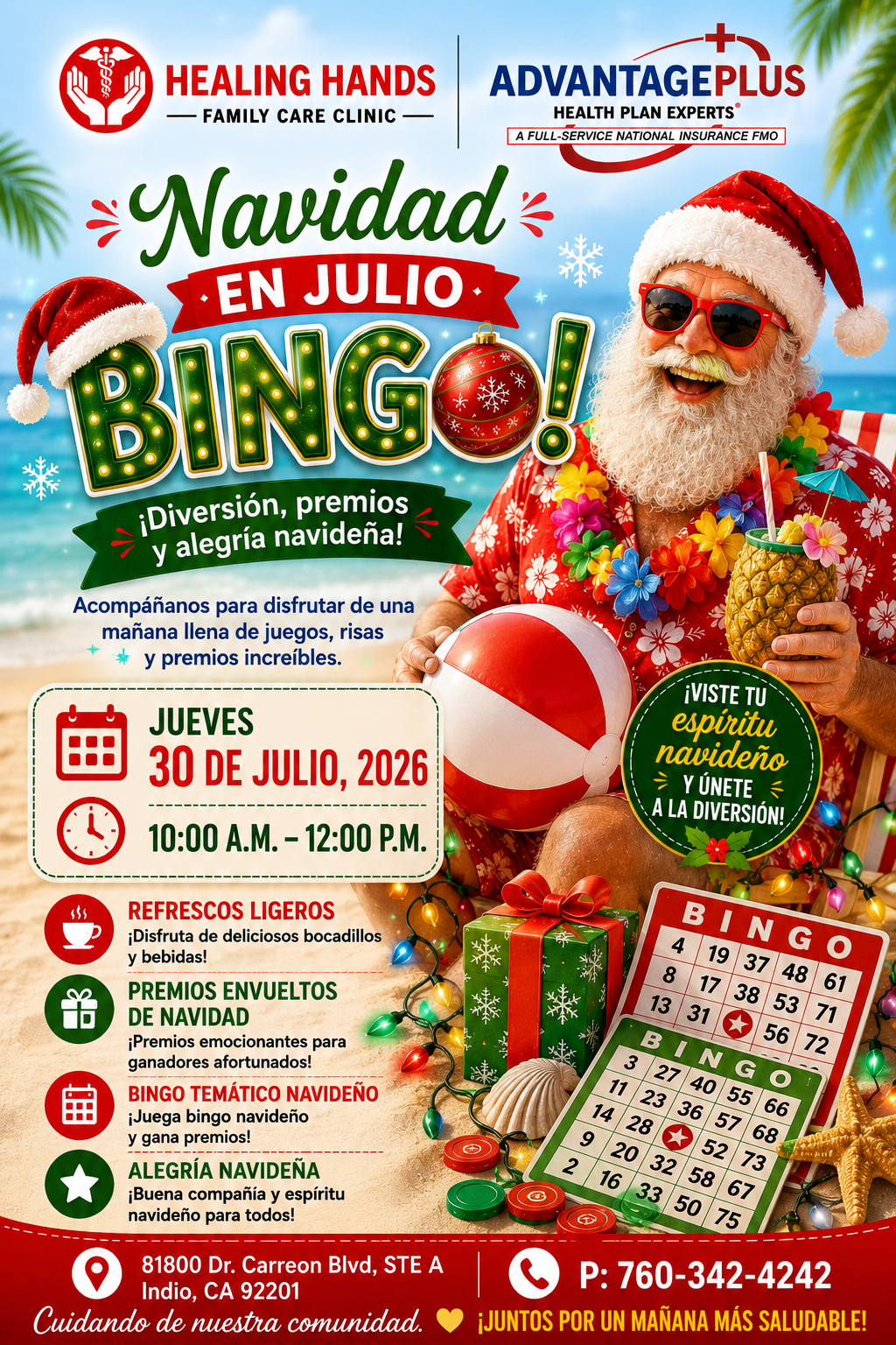 Navidad en Julio Bingo event flyer in Spanish